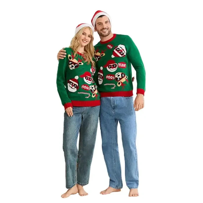 Matching family Christmas sweaters by Habicare in five sizes, featuring festive holiday patterns and cozy knit fabric.