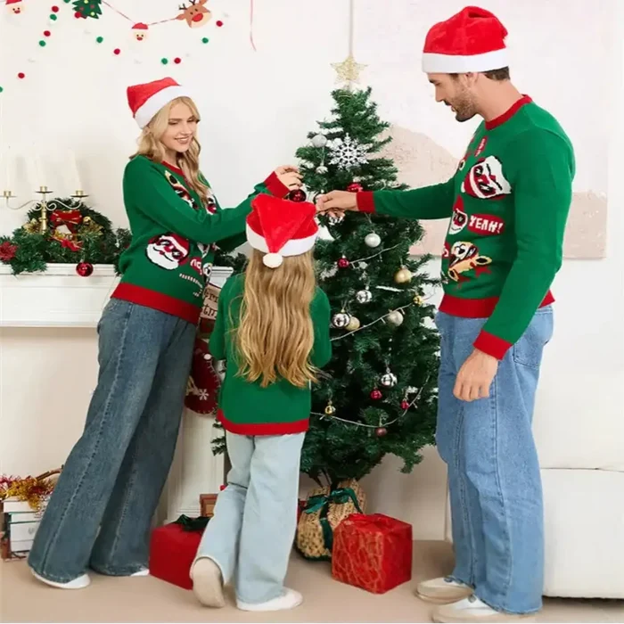 Set of matching family Christmas sweaters in various sizes by Habicare, featuring festive holiday designs on soft knit fabric.