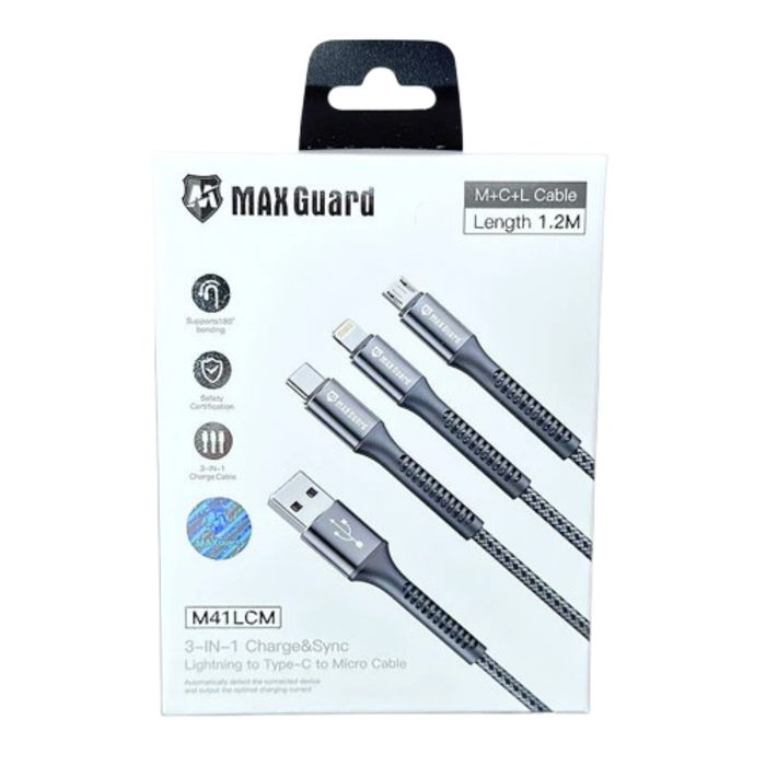 Maxguard 1.2m 3-in-1 charging cable by 9eight5 with USB, Lightning, and USB-C connectors, designed for versatile device charging.