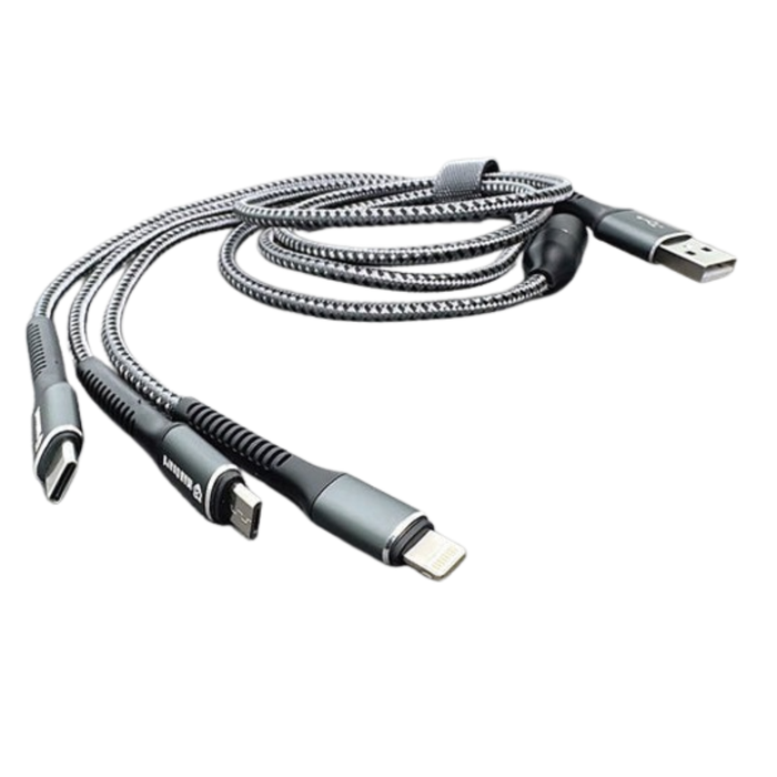 Maxguard 1.2m 3-in-1 charging cable by 9eight5 with USB, Lightning, and USB-C connectors for versatile device use.