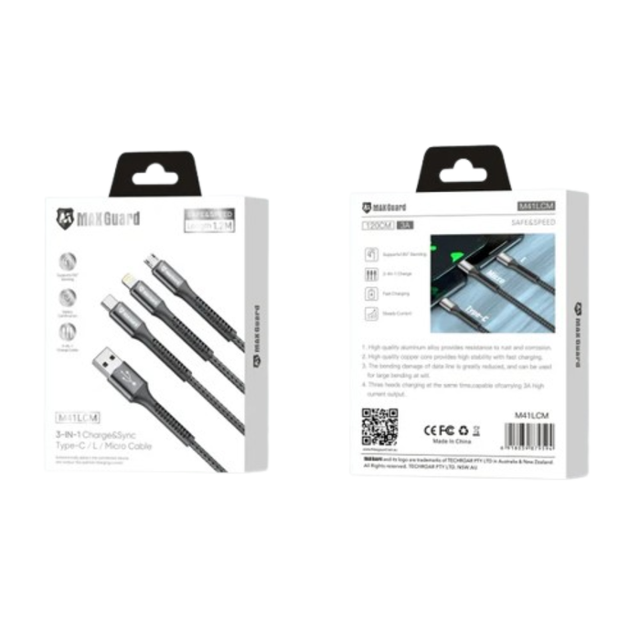 Maxguard 1.2m 3-in-1 charging cable by 9eight5 showing multiple connector types for versatile device compatibility.