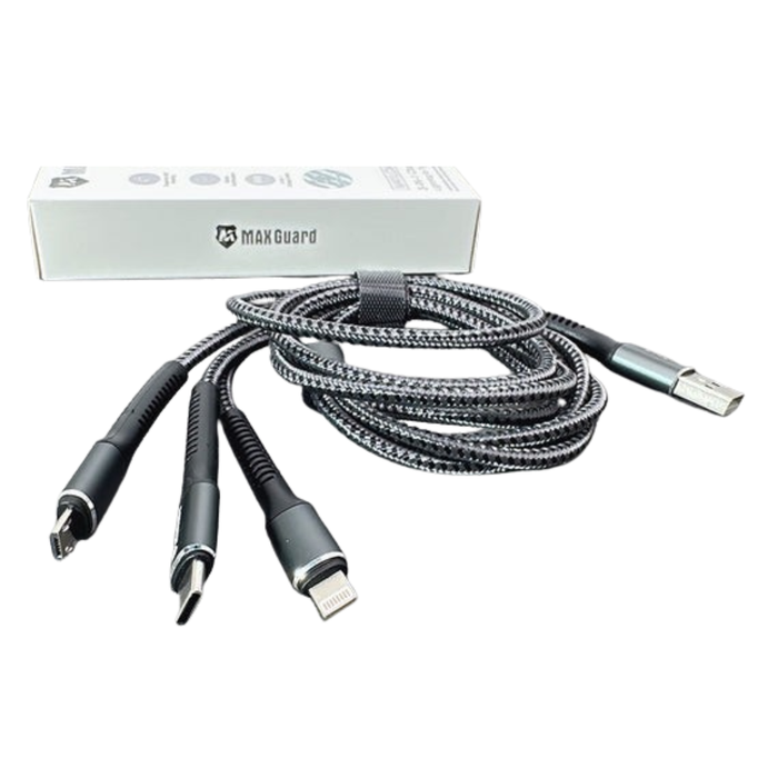 Maxguard 1.2m 3-in-1 cable by 9eight5, versatile accessory with multiple connectors, shown in black with flexible design.