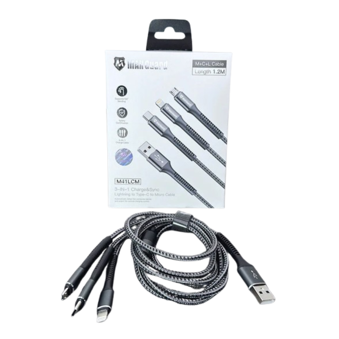 Maxguard 1.2m 3-in-1 cable by 9eight5 showing multiple connectors for versatile device charging and data transfer.