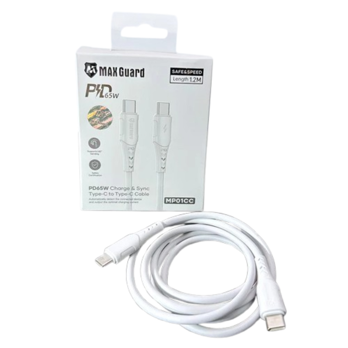 Maxguard 1.2m 65W Type-C to C charging cable by 9eight5, showing durable cord and USB-C connectors.