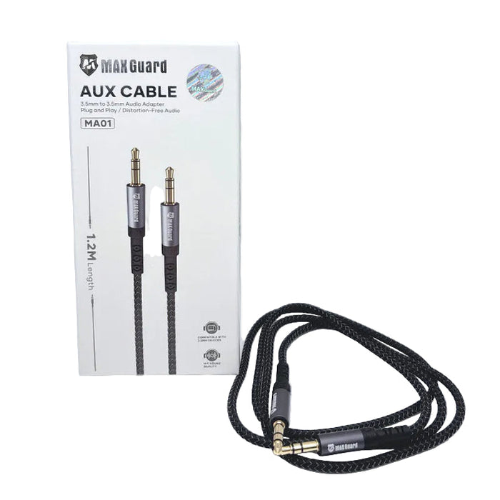 9eight5 Maxguard 1.2m Plug and Play Aux 3.5mm audio cable for electronics devices, featuring a sleek design and durable connectors.