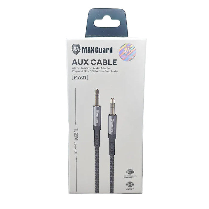 9eight5 Maxguard 1.2m Plug and Play Aux 3.5mm audio cable for electronics accessories, with gold-plated connectors and flexible design.