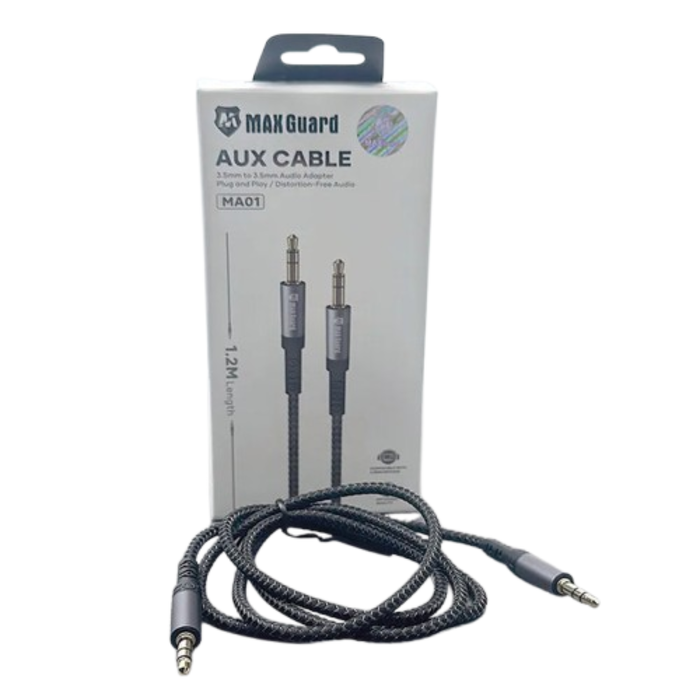 9eight5 Maxguard 1.2m Plug and Play Aux 3.5mm audio cable showing connector ends and flexible length for electronics accessories.
