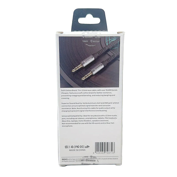 9eight5 Maxguard 1.2m plug and play 3.5mm aux cable showing connector ends and flexible cable for audio devices