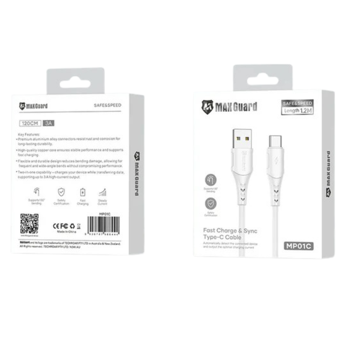 9eight5 Maxguard 1.2m USB-A to USB-C cable accessory, showing a black cable with USB connectors on each end.