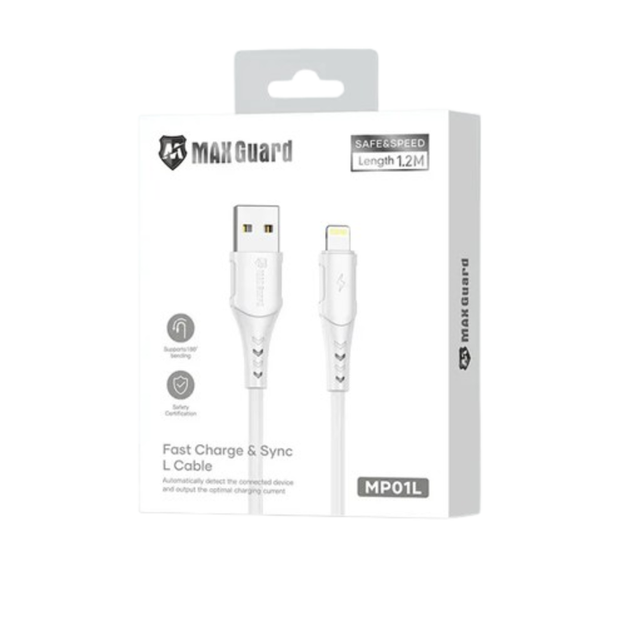 Maxguard 1.2m USB-A to Lightning cable by 9eight5, showing the black cable with USB and Lightning connectors.