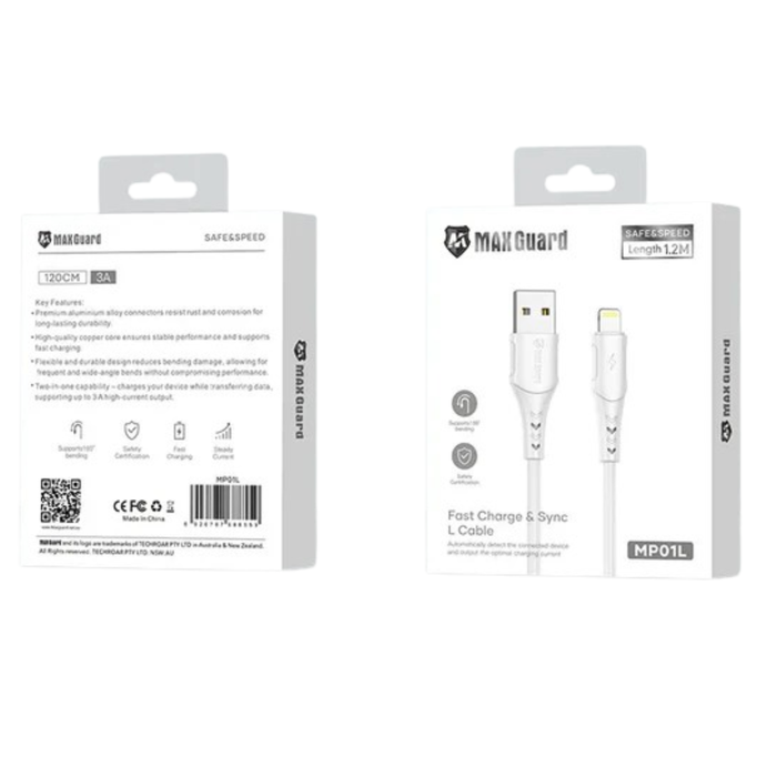 Maxguard 1.2m USB-A to Lightning cable from 9eight5, showing the white cable with USB-A and Lightning connectors.
