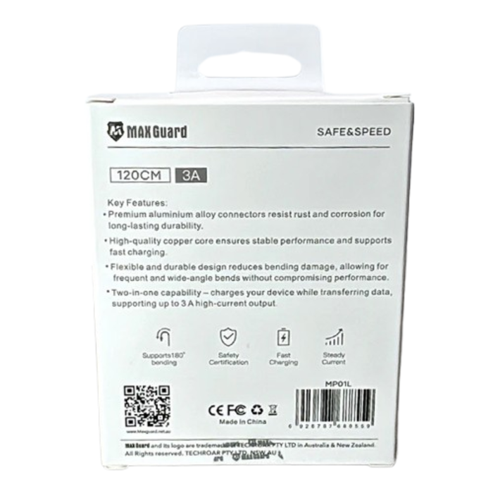 Maxguard 1.2m USB-A to Lightning cable by 9eight5, showing a close-up of the white cable with USB-A and Lightning connectors