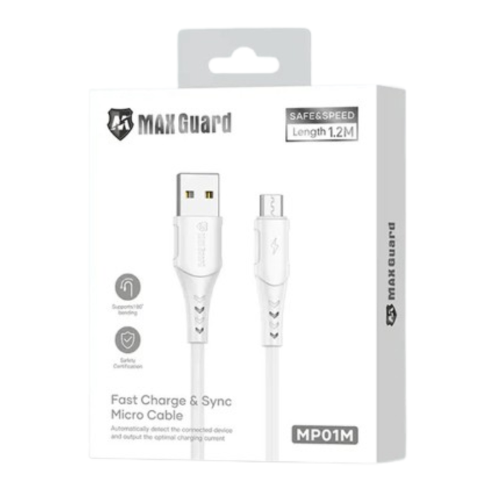 Maxguard 1.2m USB-A to Micro USB cable from 9eight5, black accessory with connectors at both ends for device charging and data transfer.