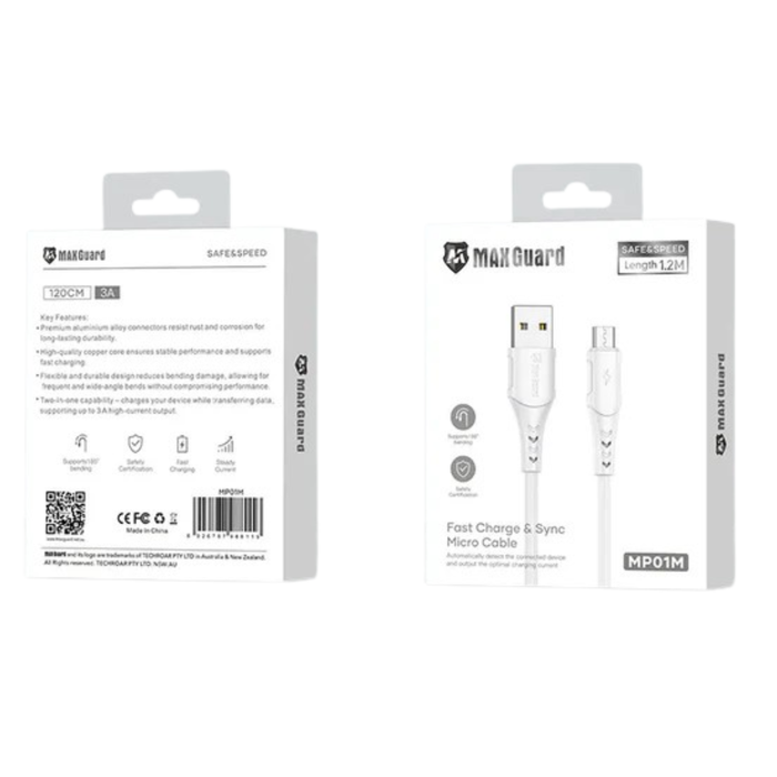 Maxguard 1.2m USB-A to Micro USB cable by 9eight5, showing the black cable with USB-A and Micro USB connectors.