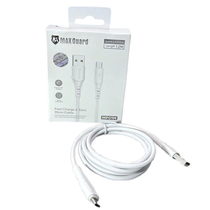 Maxguard 1.2m USB-A to Micro USB cable by 9eight5, showing connectors and cable length for device charging and data transfer.