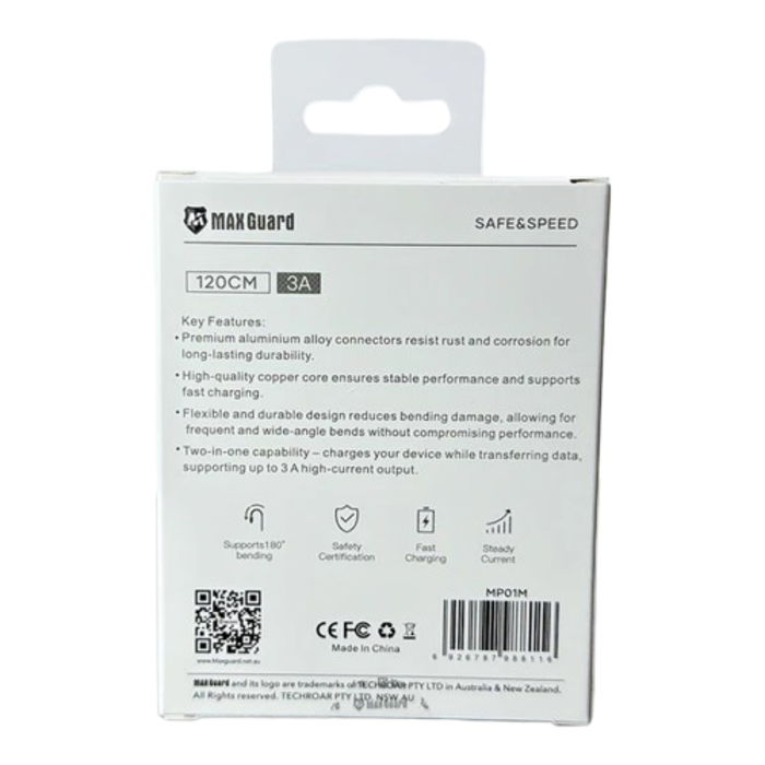 9eight5 Maxguard 1.2m USB-A to Micro USB cable, black accessory with USB-A and Micro USB connectors visible.