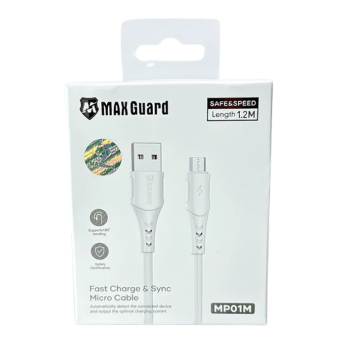 9eight5 Maxguard 1.2m USB-A to Micro USB cable for charging and data transfer, shown in image with connectors visible.