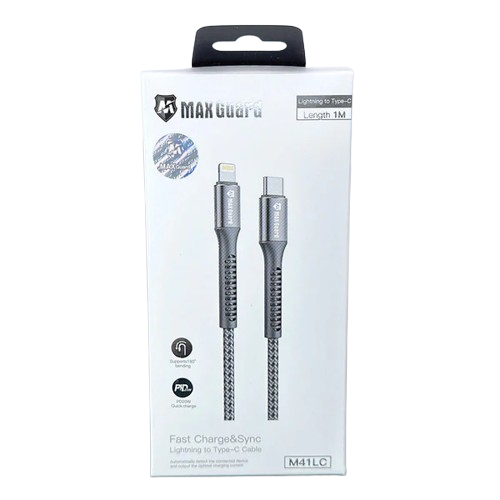 Maxguard 1m 20W Type-C to Lightning cable by 9eight5, showing the black cable with USB-C and Lightning connectors.