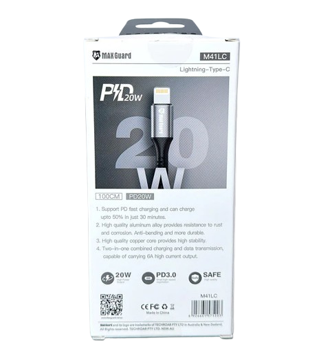 Maxguard 1m 20W Type-C to Lightning cable by 9eight5, showing a close-up of the durable, braided charging and data transfer cable.