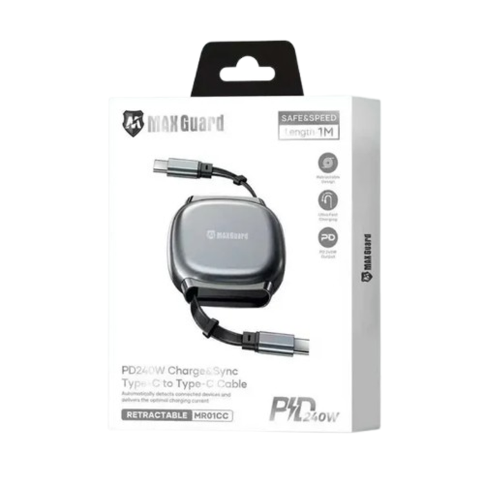 Maxguard 1m 240W Type-C to Type-C charging cable by 9eight5, showing the durable black cable and USB-C connectors.