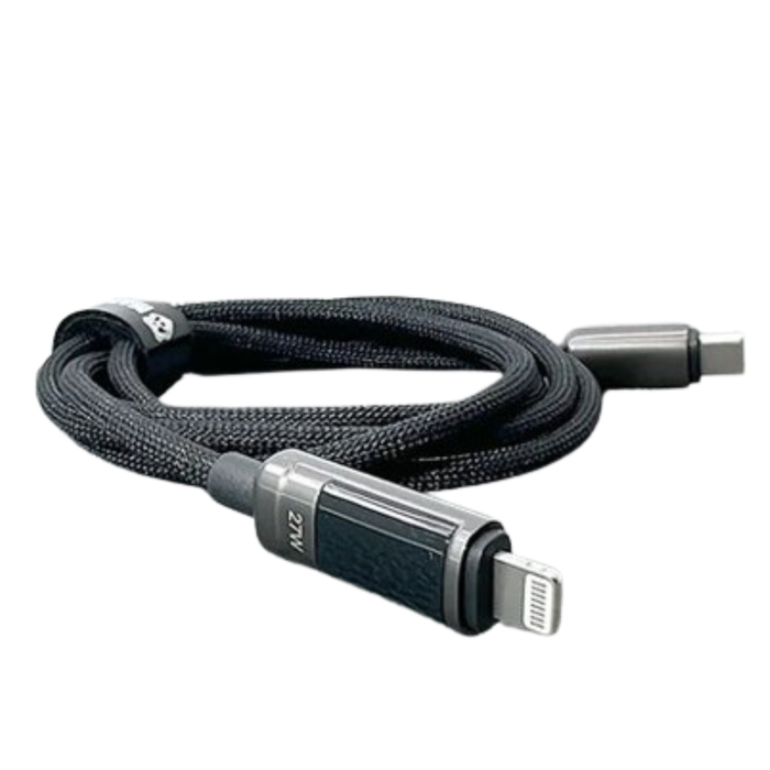 9eight5 Maxguard 1m 27W Type-C to Lightning cable showing length and connectors on a white background