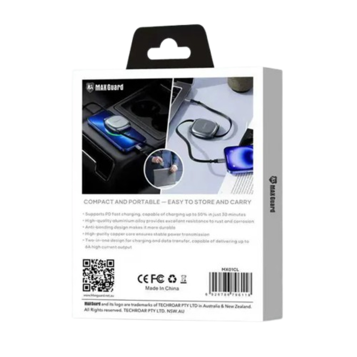 9eight5 Maxguard 1m 27W Type-C to Lightning cable showing USB-C and Lightning connectors for fast charging and data transfer