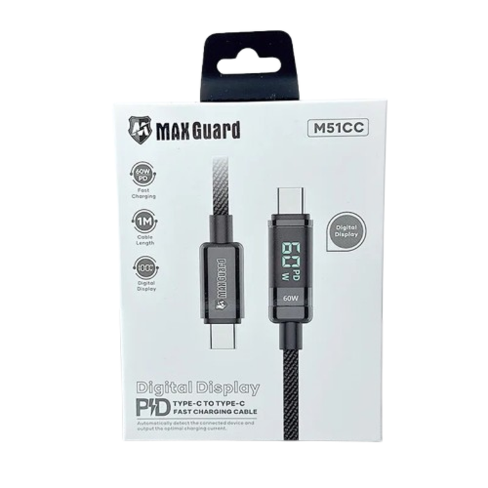 Maxguard 1m 60W Type-C to C cable by 9eight5, showing a close-up of the black USB-C charging cable for devices.