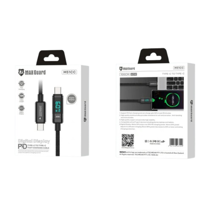 9eight5 Maxguard 1m 60W Type-C to C cable for fast charging and data transfer, shown connected to devices.