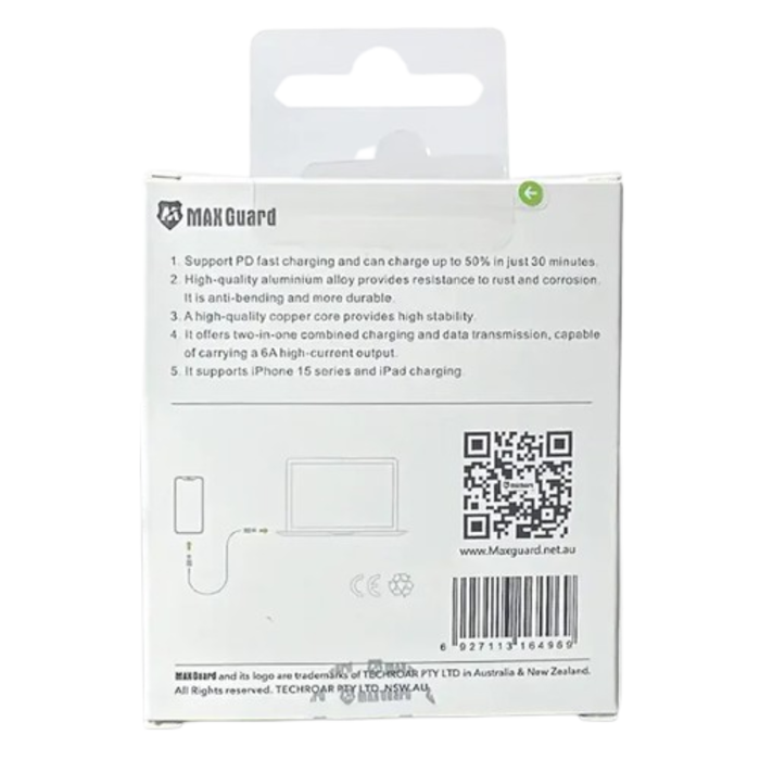 9eight5 Maxguard 1m 60W Type-C to C cable, black accessory with sturdy connectors for fast charging and data transfer.