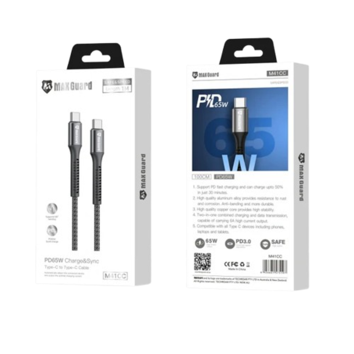 9eight5 Maxguard 1m 65W Type-C to C cable showing a black USB-C cable with gold-plated connectors on each end.