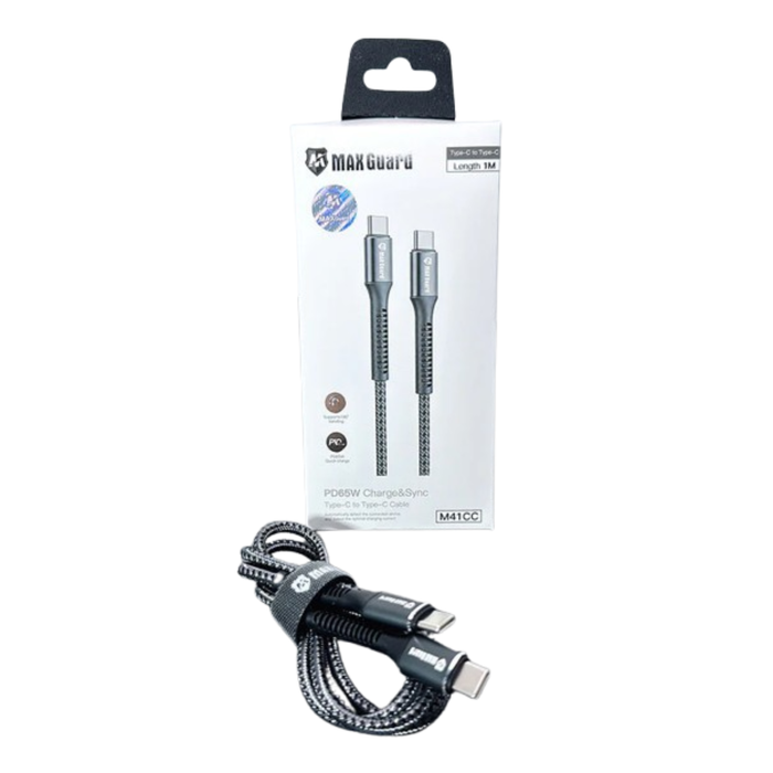 9eight5 Maxguard 1m 65W USB Type-C to USB Type-C charging cable, black with connector ends visible, accessory for fast charging.