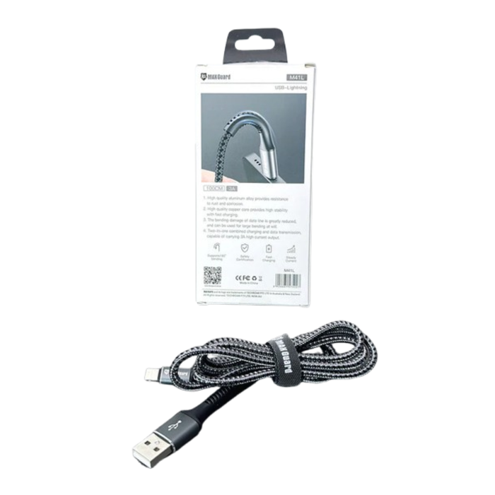 Maxguard 1m USB-A to Lightning cable by 9eight5, flexible accessory for charging and data transfer, shown in the image.