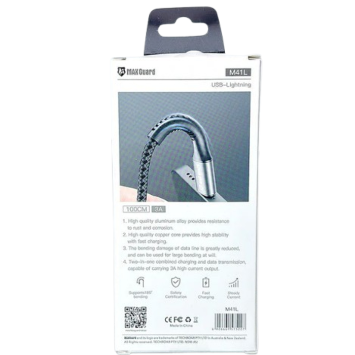 Maxguard 1m USB-A to Lightning cable from 9eight5, showing the durable cable with USB-A and Lightning connectors.
