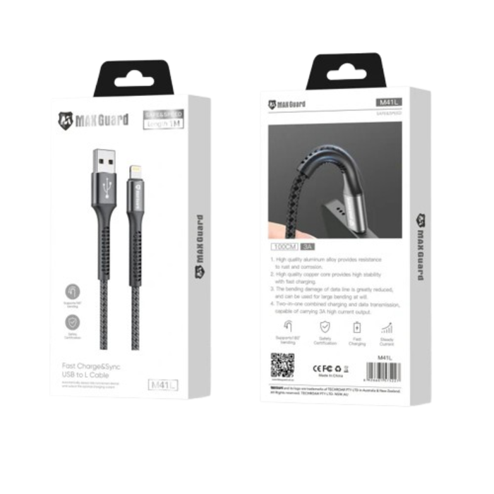 Maxguard 1m USB-A to Lightning cable by 9eight5, showing the white cable with USB-A and Lightning connectors.