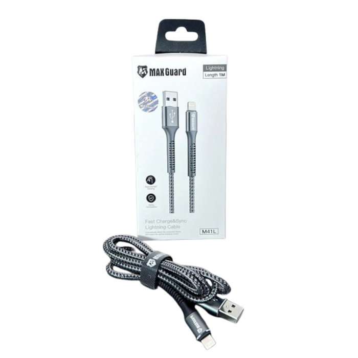 Maxguard 1m USB-A to Lightning cable by 9eight5, showing the black connector ends and flexible cable for Apple device charging.