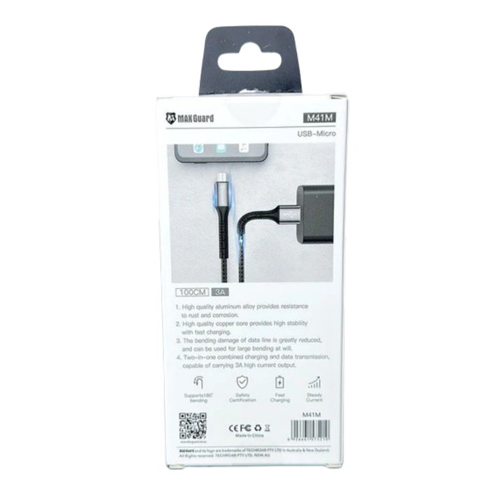Maxguard 1m USB-A to Micro USB cable by 9eight5, showing a black cable with USB-A and Micro USB connectors on each end.
