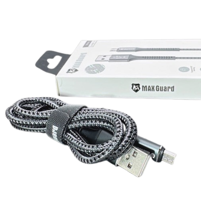 Maxguard 1m USB-A to Micro USB cable by 9eight5, shown coiled with connectors visible for charging and data transfer accessories.