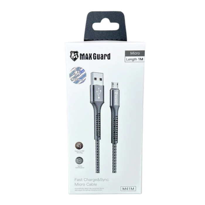 Maxguard 1m USB-A to Micro USB cable by 9eight5, showing the white cable with USB-A and Micro USB connectors.
