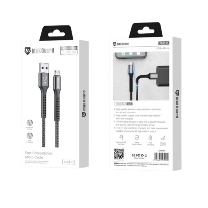 9eight5 Maxguard 1m USB-A to Micro USB cable, accessories, showing a black cable with USB-A and Micro USB connectors