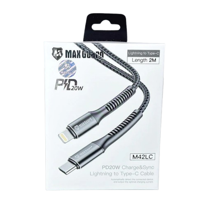 Maxguard 2m 20W Type-C to Lightning cable by 9eight5, showing the black cable with Type-C and Lightning connectors.