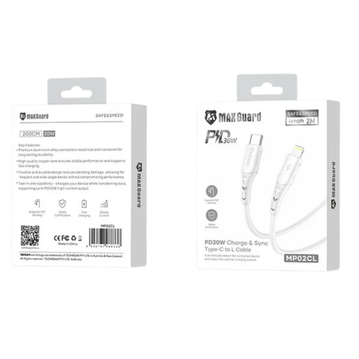 Maxguard 2m 30W Type-C to Lightning cable by 9eight5, showing a black USB-C and Lightning connectors for fast charging and data transfer.