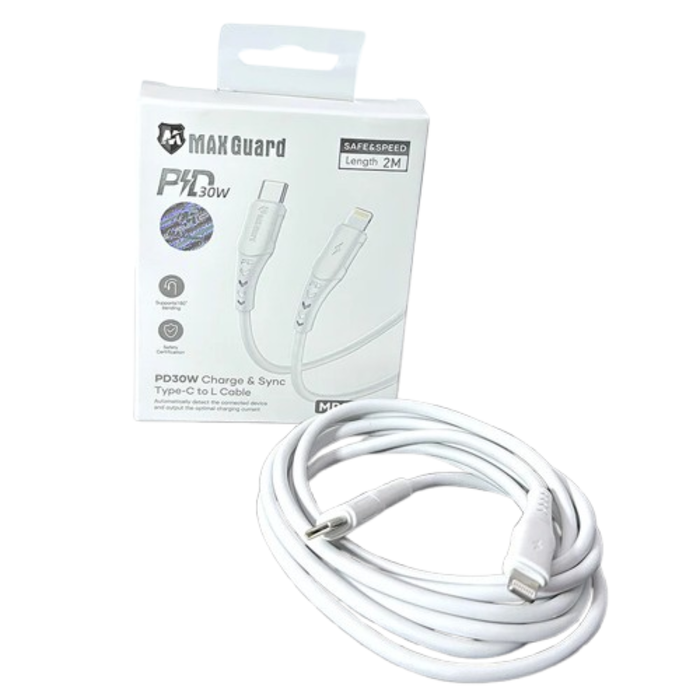 Maxguard 2m 30W Type-C to Lightning cable by 9eight5, showing the length and connector ends on a white background.