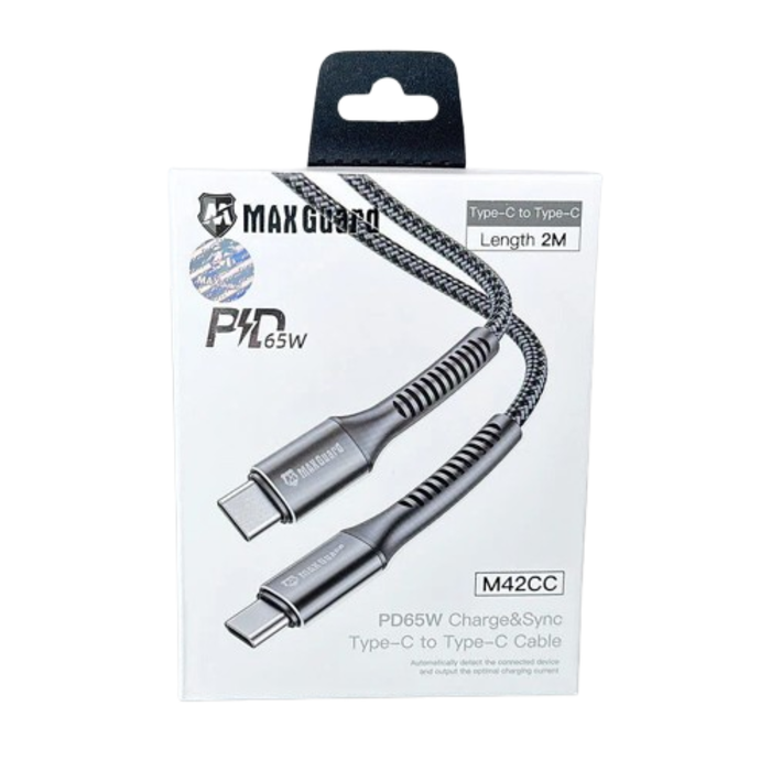 Maxguard 2m 65W Type-C to C charging cable by 9eight5, showing a black cable with Type-C connectors on each end.
