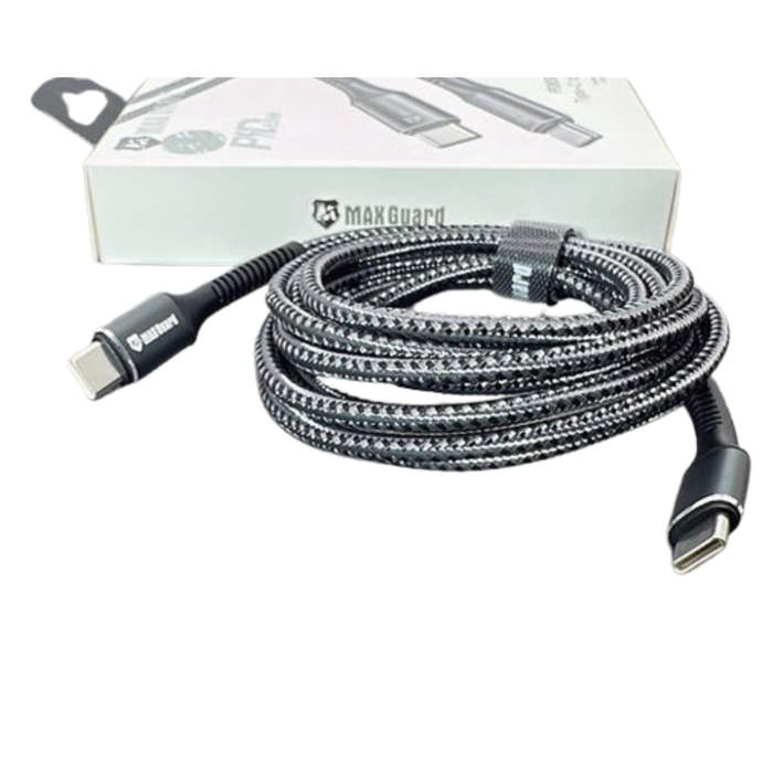 9eight5 Maxguard 2m 65W Type-C to C cable showing durable black cable with USB-C connectors for fast charging and data transfer