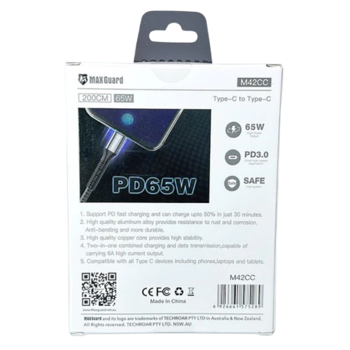 9eight5 Maxguard 2m 65W Type-C to C cable showing durable black cable with USB-C connectors on both ends.