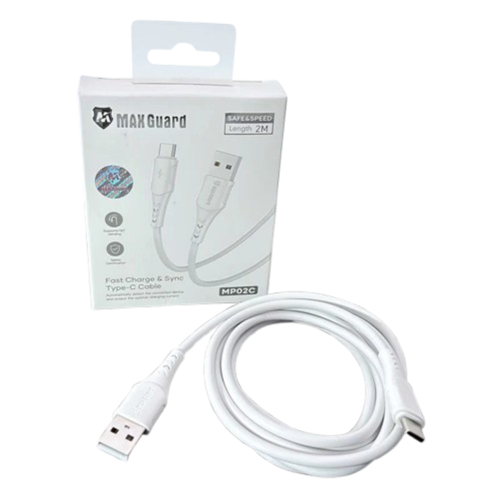 Maxguard 2m USB-A to USB-C cable from 9eight5, showing the black cable with USB connectors for charging and data transfer.