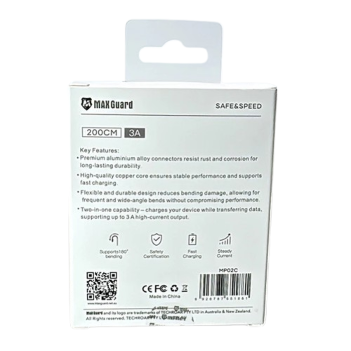 Maxguard 2m USB-A to USB-C cable by 9eight5, showing the black cable with USB-A and USB-C connectors.