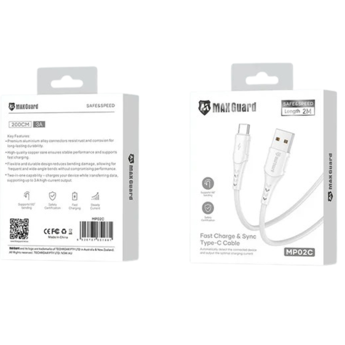 9eight5 Maxguard 2m USB-A to USB-C cable accessory showing a black cable with USB connectors on both ends.
