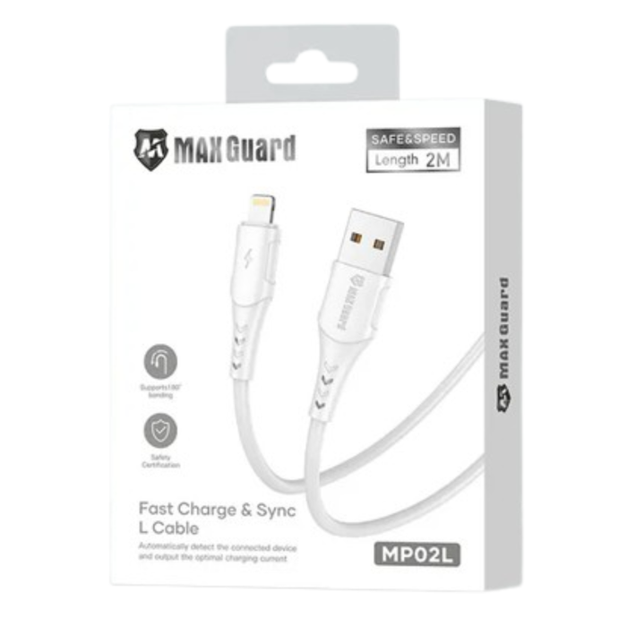 9eight5 Maxguard 2m USB-A to Lightning Cable accessory showing a durable white USB to Lightning connector cable.