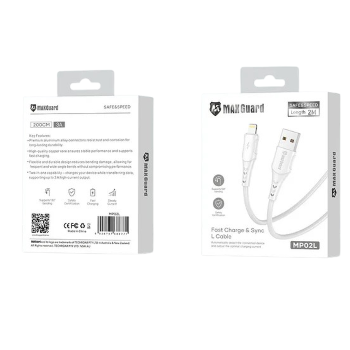 Maxguard 2m USB-A to Lightning cable by 9eight5, showing the black cable with USB-A and Lightning connectors.